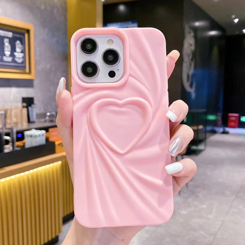 Fashion Fold Wrinkle 3D Love Heart Phone Case For iPhone