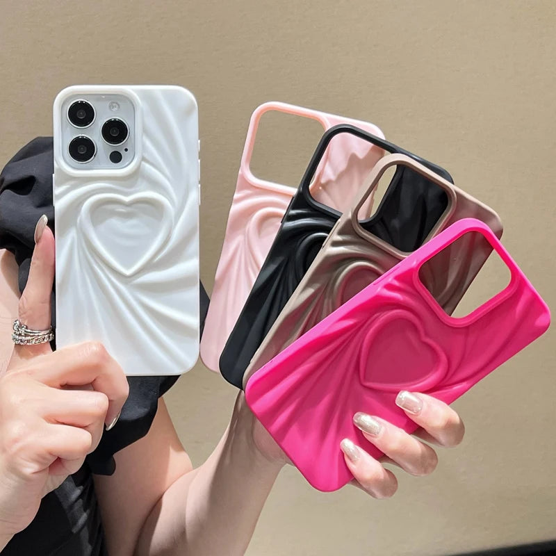 Fashion Fold Wrinkle 3D Love Heart Phone Case For iPhone